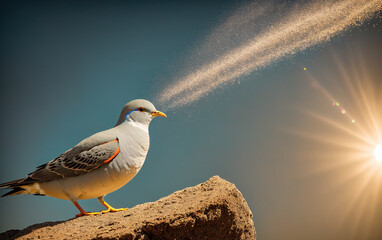 A white bird perched on top of a rock, looking up at the sun with its beak open. - Powered by Adobe