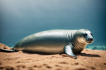 Fototapeta premium A gray whale lying on the sandy beach, looking up at the sky.