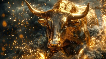 Golden bull charging in sparks, market surge visual,