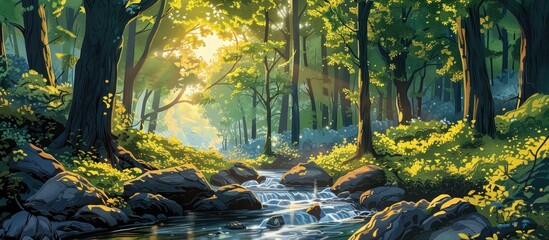 Paper Cut Style Woodland Glen with Dappled Sunlight and Babbling Brook