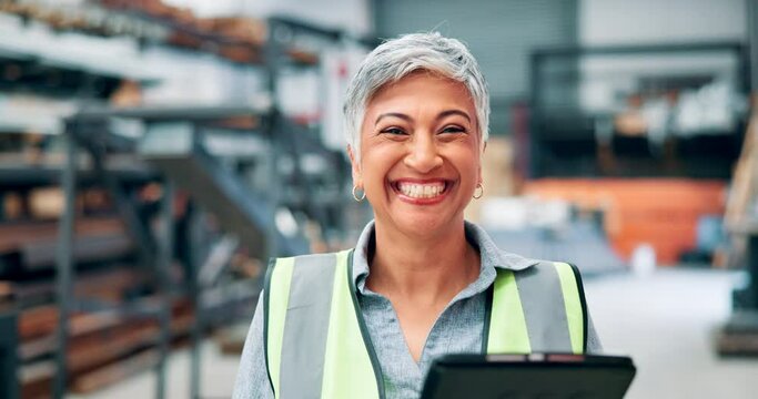 Woman, tablet or warehouse in logistics, safety or ecommerce as digital, administration or stock. Female employee, hi vis vest or tech in factory, manufacturing or production quality assurance