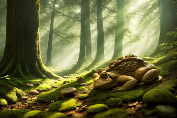 A small, green frog sitting on a rock in the middle of a forest.
