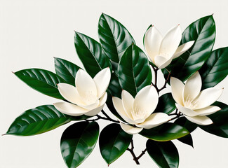 A white flower with green leaves.