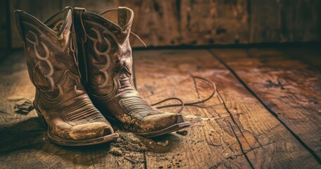 Pair of Old Leather Boots and Cowboy Hat on Wooden Floor - obrazy, fototapety, plakaty