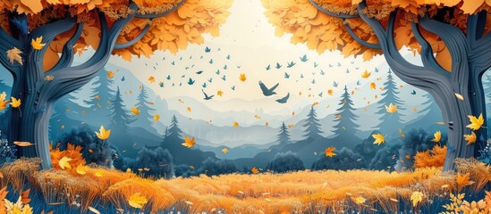 Paper Cut Autumn Forest A Serene Golden Oasis of Fall Foliage and Soaring Birds