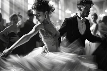 Black and white image capturing the dynamic movement of dancers at a ballroom event, their elegant attire flowing gracefully with every swift turn.

