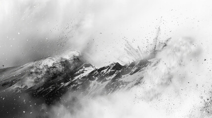 Abstract Monochrome Mountain Peaks Amidst a Snow Blizzard - obrazy, fototapety, plakaty