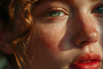 Close-up of a young woman's freckled face with sun-kissed skin, her green eyes gazing intently, casting a warm, pensive expression in natural light.

