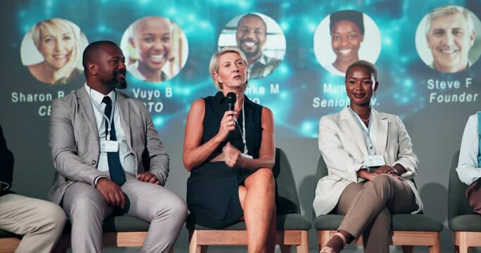 Discussion, conference and speaker with business people on a stage for presentation, startup and speech. Teamwork, audience and host panel of men and women in seminar, tradeshow and convention event