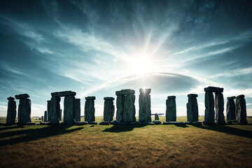 A group of stone circles in a field with the sun shining in the background.
