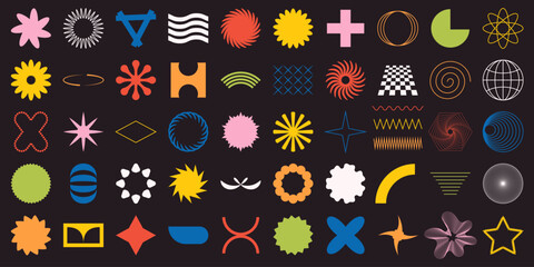 Collection of vector trending abstract shapes. Basic primitive figures spiral, star, flower, lines, circles, dots and more complex objects. Some elements have editable stroke for comfortable editing. - obrazy, fototapety, plakaty