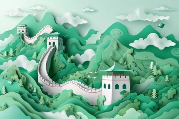 Create a paper cut artwork featuring the majestic Great Wall of China, surrounded by mountains and clouds,Curve Landmarks