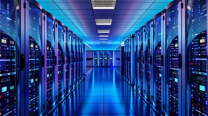 modern server room with rows of high speed super computer, data center background design vector illustration - obrazy, fototapety, plakaty