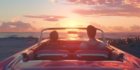 Couple girlfriend boyfriend together enjoying romantic dating ride road trip tour driving convertible car sunset sunlight traveling summer time holidays vacation outside beach and sunset background  - obrazy, fototapety, plakaty
