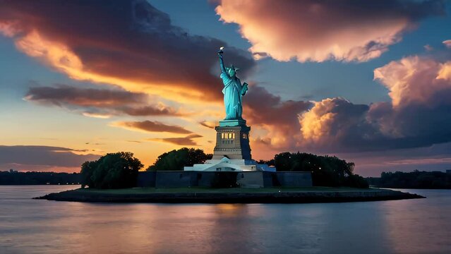 Sunset silhouette of the Statue of Liberty in New York City