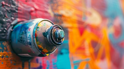 Explore urban creativity with a close-up shot of a spray paint can against a vivid mural backdrop, capturing the heartbeat of street art.