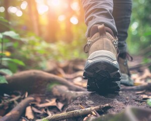 Embrace the serenity of nature as a business person takes a leisurely stroll, showcasing close-up shots of shoes navigating a forest trail, indulging in digital detox.