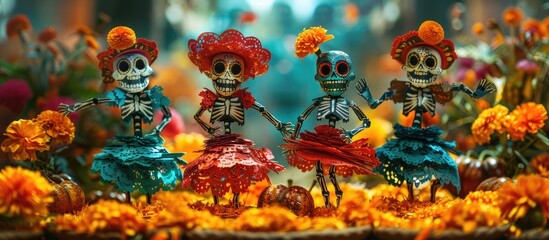 Vibrant Paper Cut Day of the Dead Skeletons Dance Among MarigoldAdorned Altars