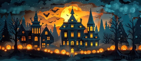 Fototapeta na wymiar Paper Cut Haunted House A Whimsical Halloween Delight