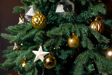 Festive Christmas Tree with Gold and Silver Ornaments. A beautifully decorated Christmas tree featuring a mix of gold and silver ornaments, adding a touch of elegance to the festive decor.