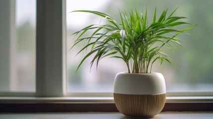 White pot with bamboo palm/reed palm on windowsill.