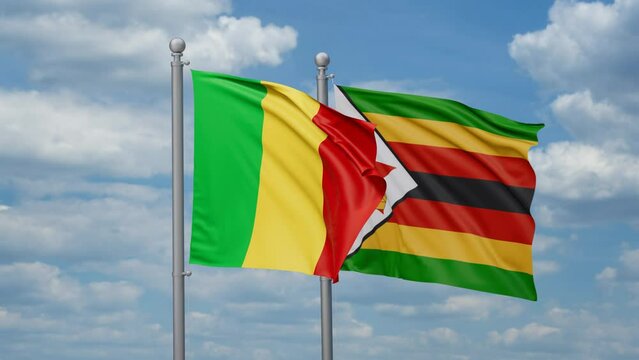 Zimbabwe and Mali two flags waving together, looped video, two country cooperation concept