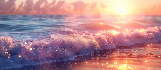 Tranquil Beach Sunset Bokeh Blur Evening Horizon Glow and Calm Ocean Waves - obrazy, fototapety, plakaty