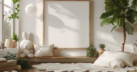 Mockup Frame Enhances Children's Room with Natural Wood Furniture