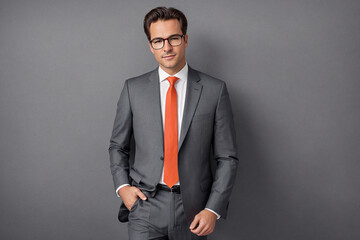 Fototapeta premium A man in a suit and tie standing in front of a wall with a gray background.