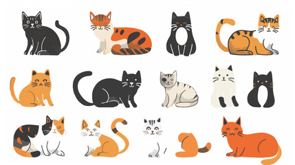 Hand drawn abstract cats, kitten, flat icons set. Color isolated illustrations. 
