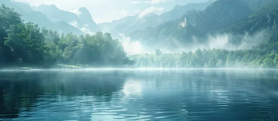 Foto op Plexiglas Misty Mountain Lake A Breathtaking Bokeh Blur Landscape at Dawn © Sittichok