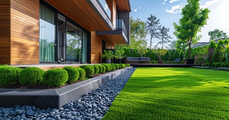 Wooden-Edged Contemporary Turf in Front Yard