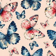 Watercolor pattern with vintage hand-painted butterflies. Design for the decoration of textiles, postcards, invitations, birthday greeting cards, weddings.
