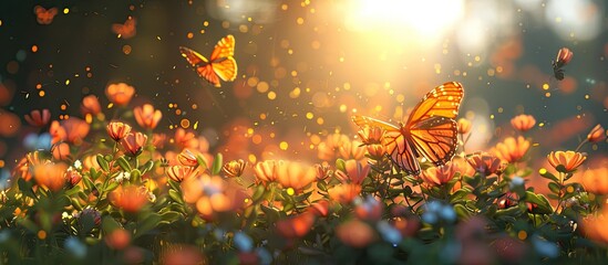 SunDappled Meadow in Bokeh Blur A Symphony of Butterflies and Flowers - obrazy, fototapety, plakaty
