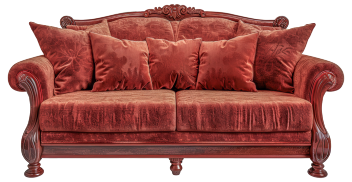A red sofa with pillows on it, cut out - stock png.