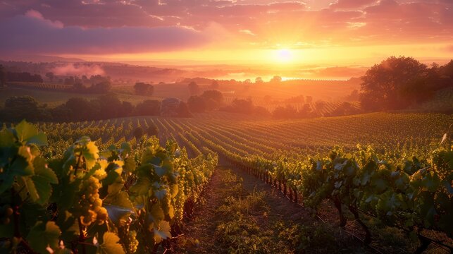 Scenic Sunrise Painting the Landscape of Bordeaux Wineyard