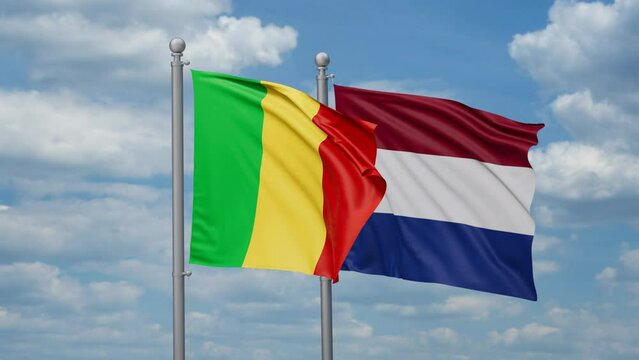 Netherlands and Mali two flags waving together, looped video, two country relations concept