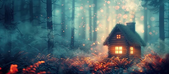 Cozy Cabin in the Woods A Tranquil Illustrated Escape into Natures Embrace - obrazy, fototapety, plakaty