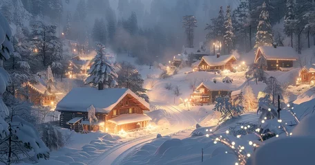Foto op Canvas Close-Up of Snowy Village on Serene Winter Night © lander