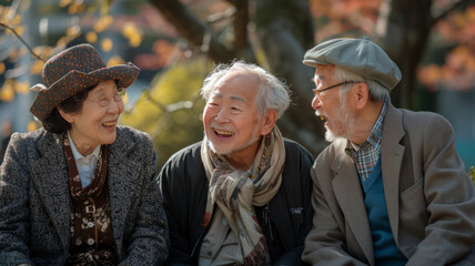 Asian seniors chatting happily in the park,generative ai