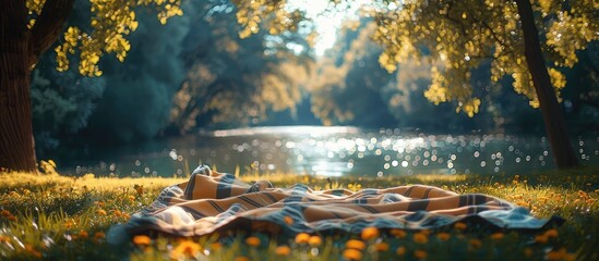 Tranquil Riverside Picnic A Peaceful Escape in the Heart of Nature - obrazy, fototapety, plakaty