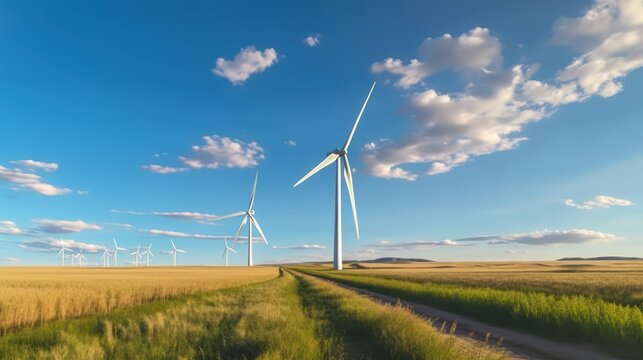 Wind turbine transportation and construction in big green field blue sky to generate renewable