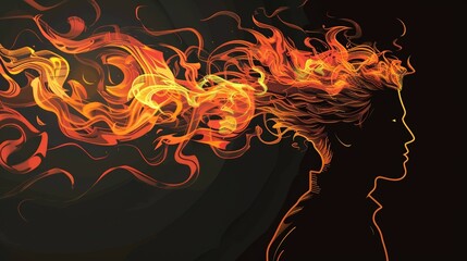 A man's silhouette with hair ablaze, vivid flames dancing against a stark black void, symbolizing passion and energy