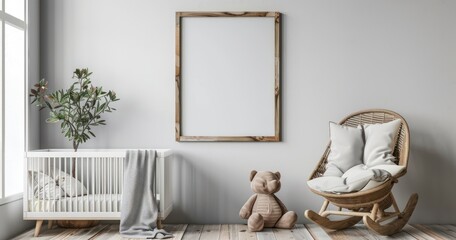 Mockup Empty Gray Wall with Wooden Frame in Farmhouse Baby Room