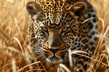 leopard crouches in the grass