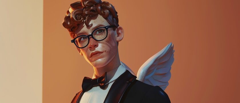 Cupid in a modern twist, 3D rendered with stylish glasses and a classic tuxedo, against a minimalist background