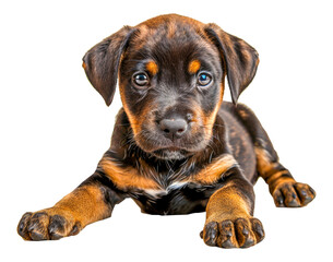 Fototapeta premium A brown and black puppy is laying on its back with its head tilted to the side, cut out - stock png.