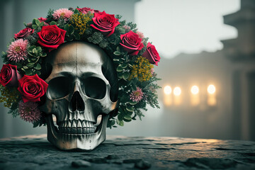A skull with a wreath of flowers on its head. - Powered by Adobe