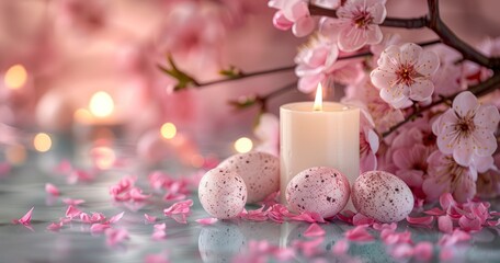 Minimalist Easter Bliss. White Candle, Pink Background, and Pastel Eggs