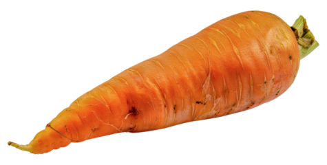 A carrot is shown in its natural state, with a green stem, cut out - stock png.